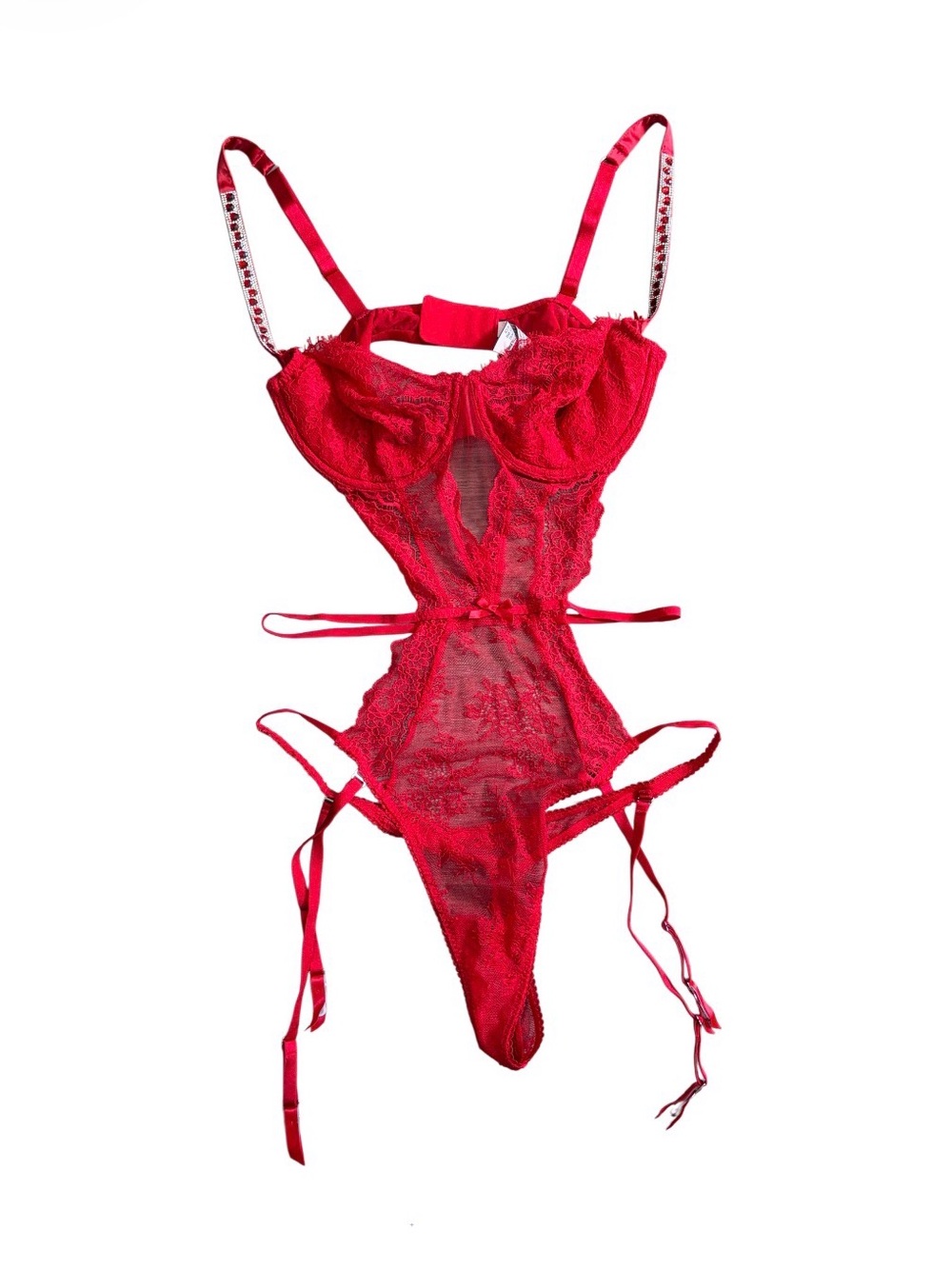 Victoria's Secret Very Sexy Shine Strap Lace Teddy with Garters Red Intimates L
